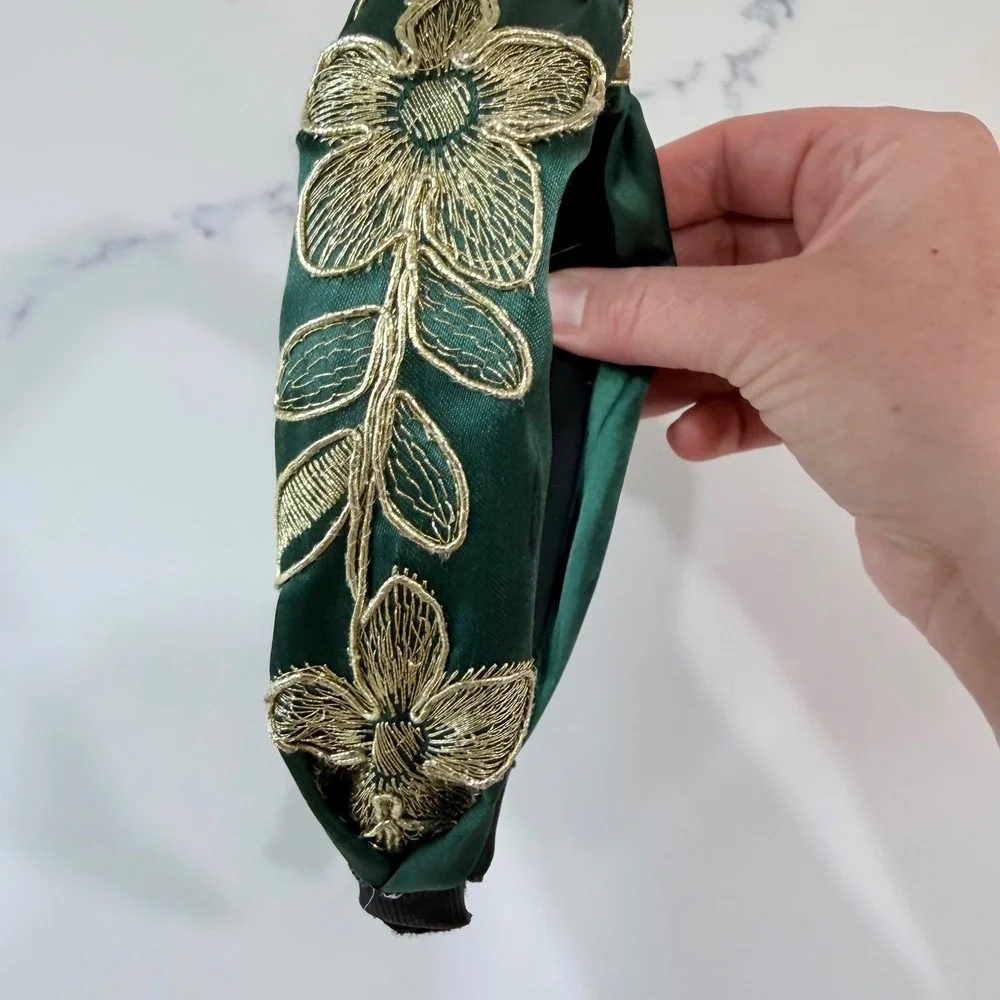 Emerald Green Satin Top Knot Headband Gold Floral Metallic‎ Embroidery Wide Hair